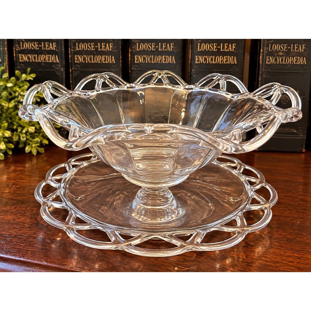 1940s Imperial Glass Crocheted Crystal Footed Paneled Bowl & Underplate